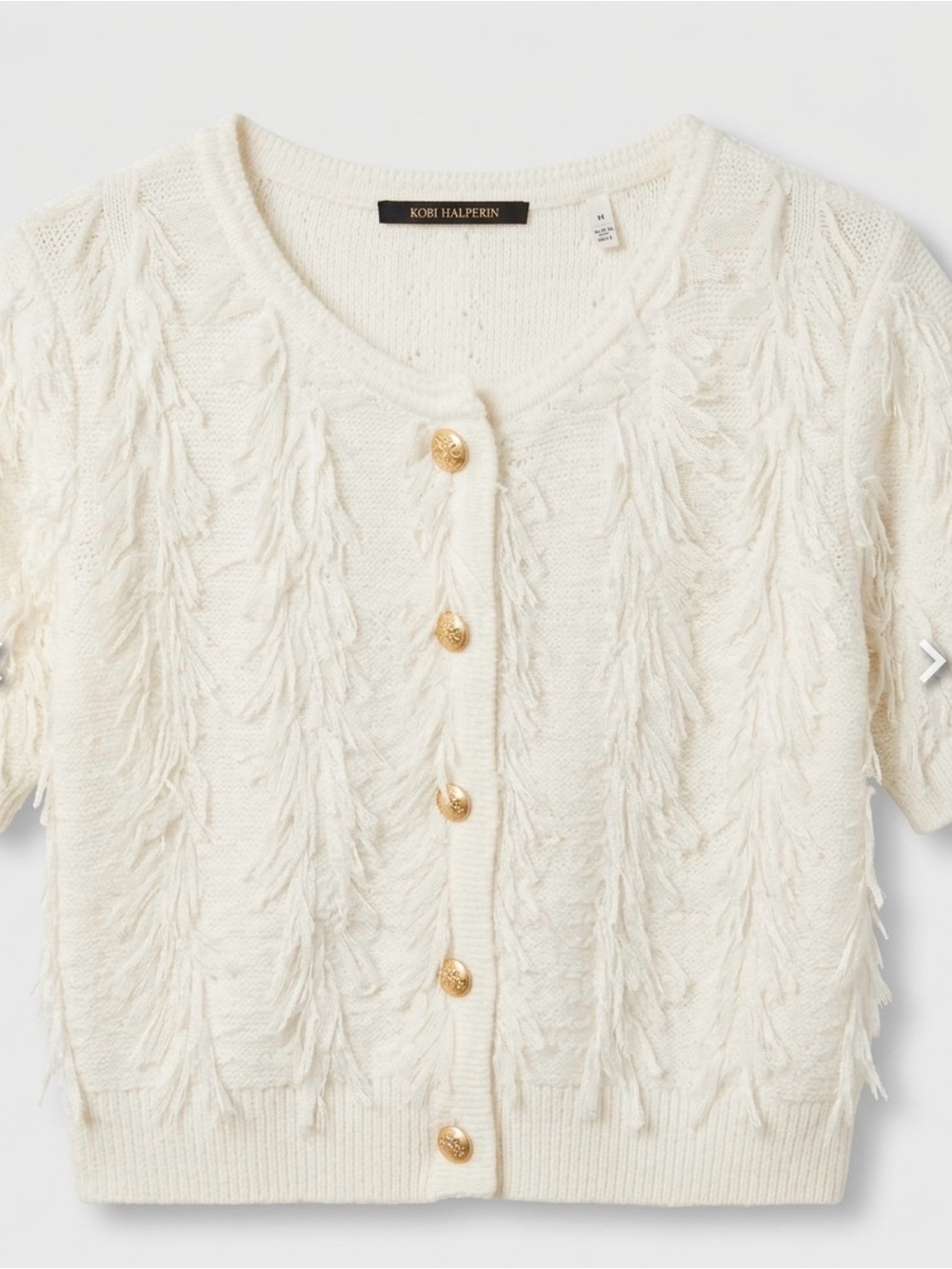 Kobi Halperin Cream Fringe-Textured Short Sleeve Cardigan with Gold Buttons